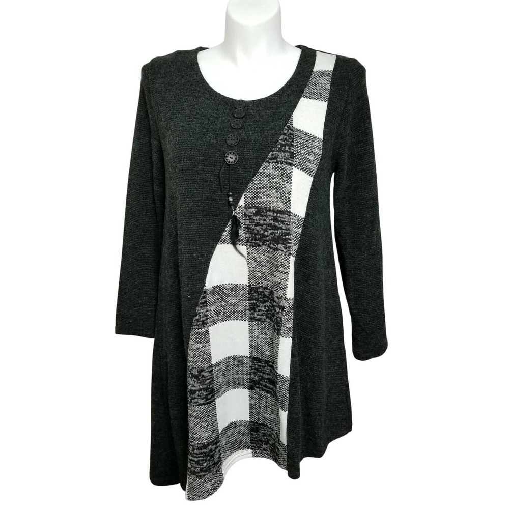 Pretty Angel Womens Charcoal Grey Buffalo Plaid Asymmetrical Tunic Top Large NEW